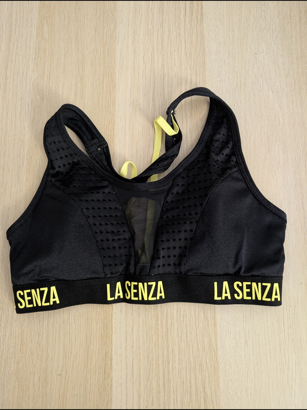 La SENZA Black Sports Bra with Yellow Logo Trim